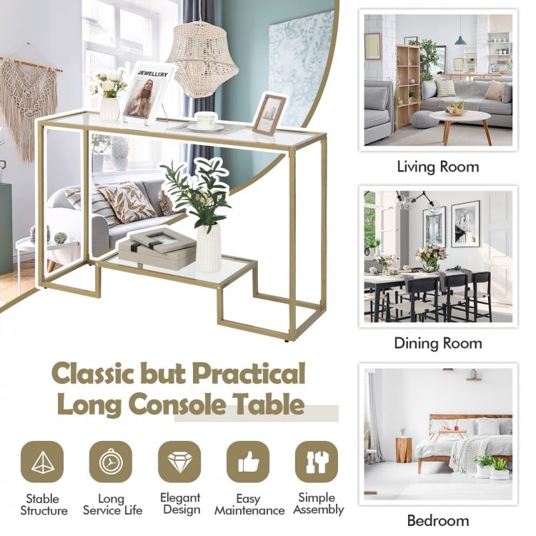48 Inch 2-Tier Console Table with Tempered Glass Tabletop for Hallway