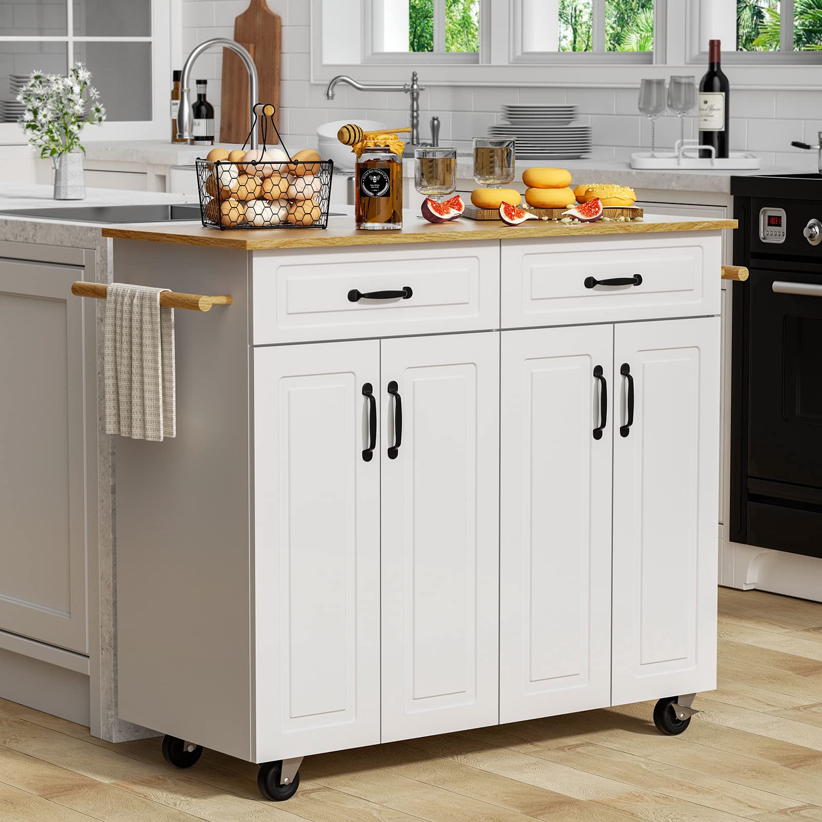 4 EVER WINNER White Kitchen Island Cart, Rolling with Storage, Drawers & Cabinets, Wood Countertop, Towel Racks, Adjustable Shelves