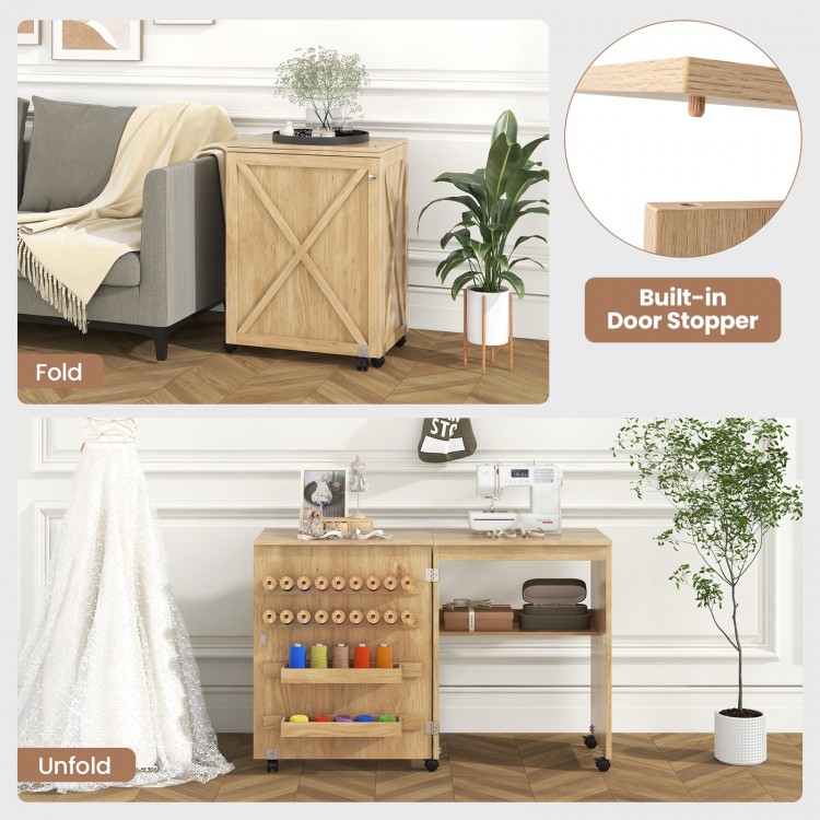 Folding Sewing Table with Storage Shelf and 5 Lockable Wheel