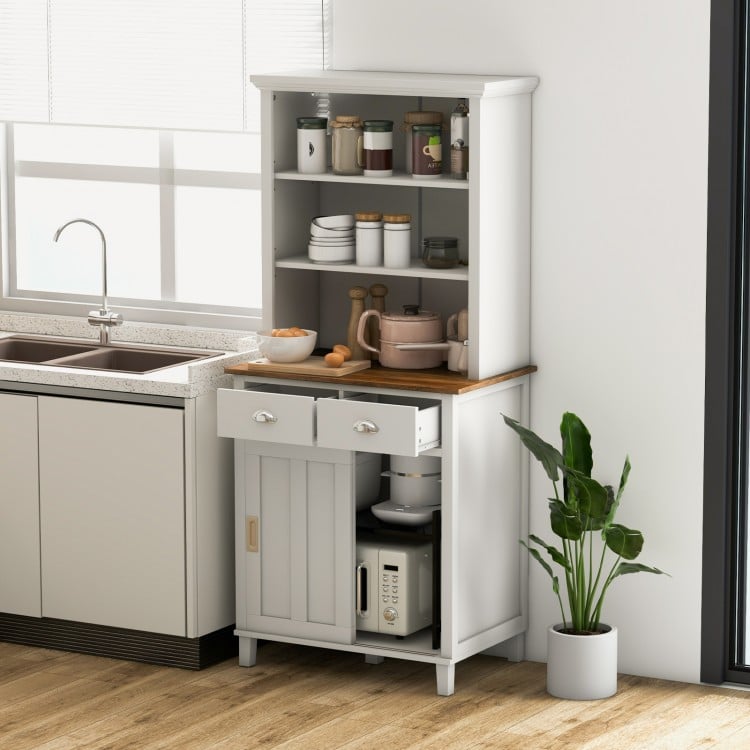 Freestanding Kitchen Pantry with Hutch Sliding Door and Drawer