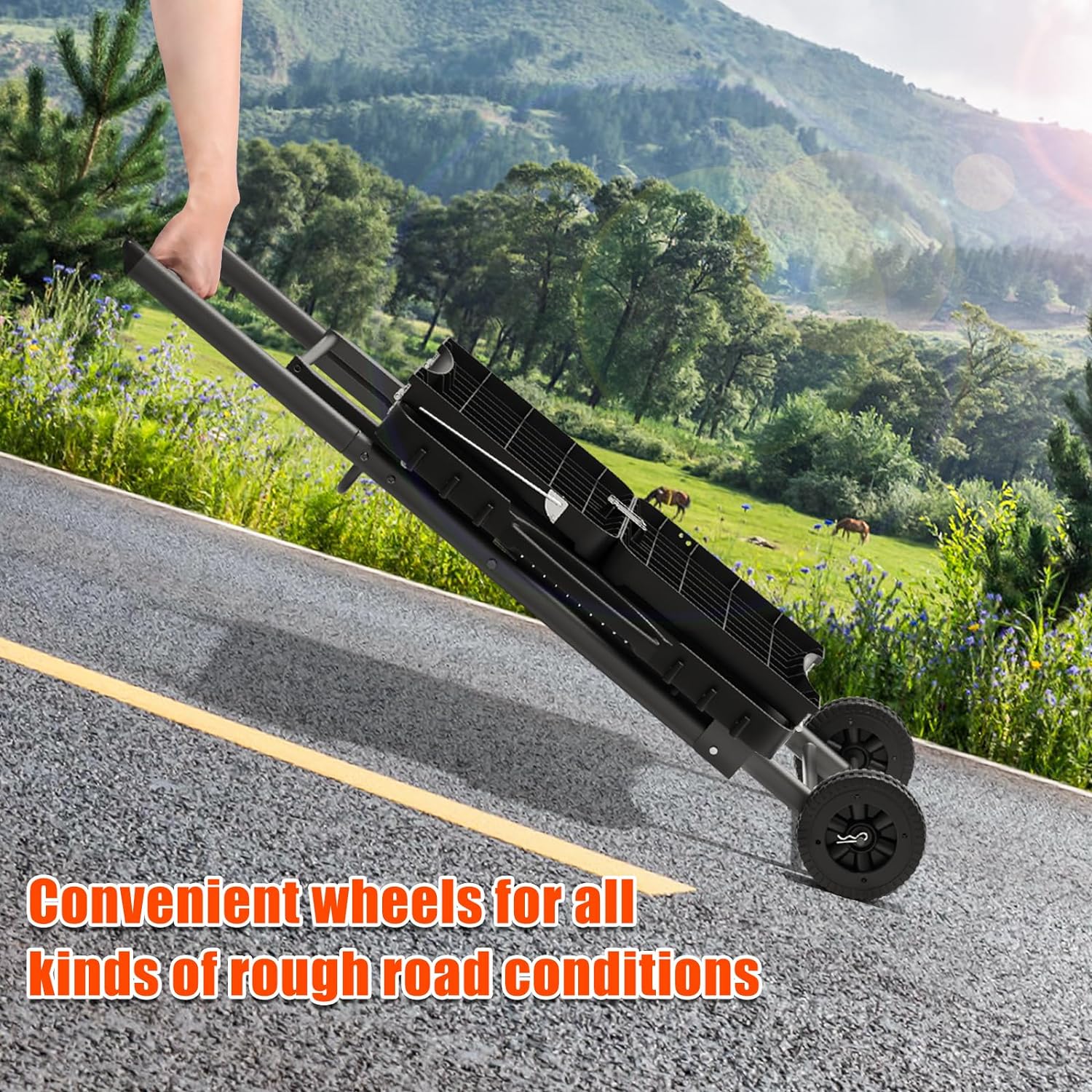 Universal Portable Grill Cart with Folding Stand & Side Shelf – Heavy-Duty Metal, 2 Wheels, 51′′x21′′ Tabletop, Outdoor Cooking Companion