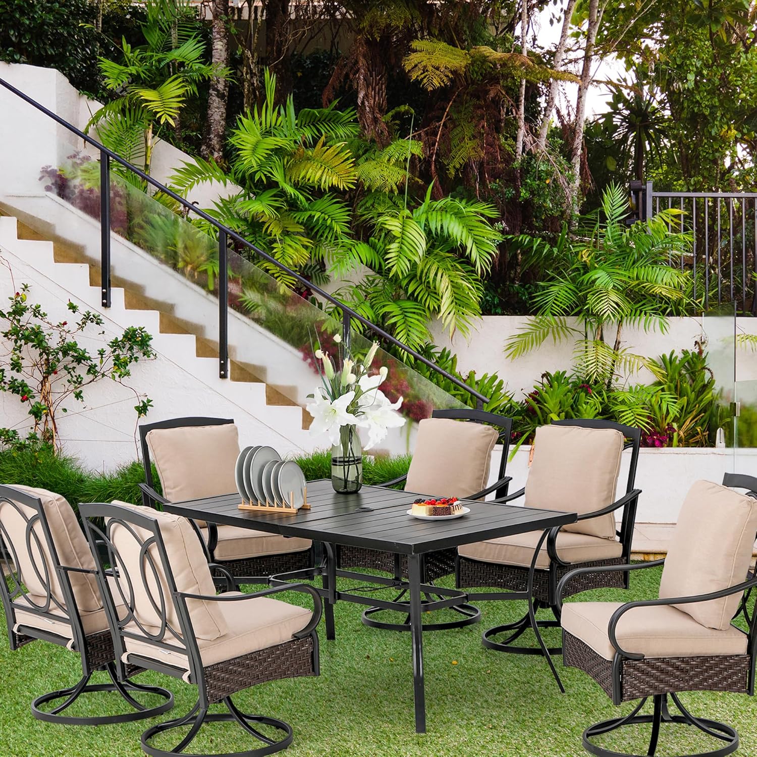 PHI VILLA 6-Piece Outdoor Dining Sets, All-Weather Patio Table and Chairs Set with Umbrella for 4, Heavy Duty Patio Round Table Set for Deck, 4 Extra Large Outdoor Swivel Chairs with Thick Cushions