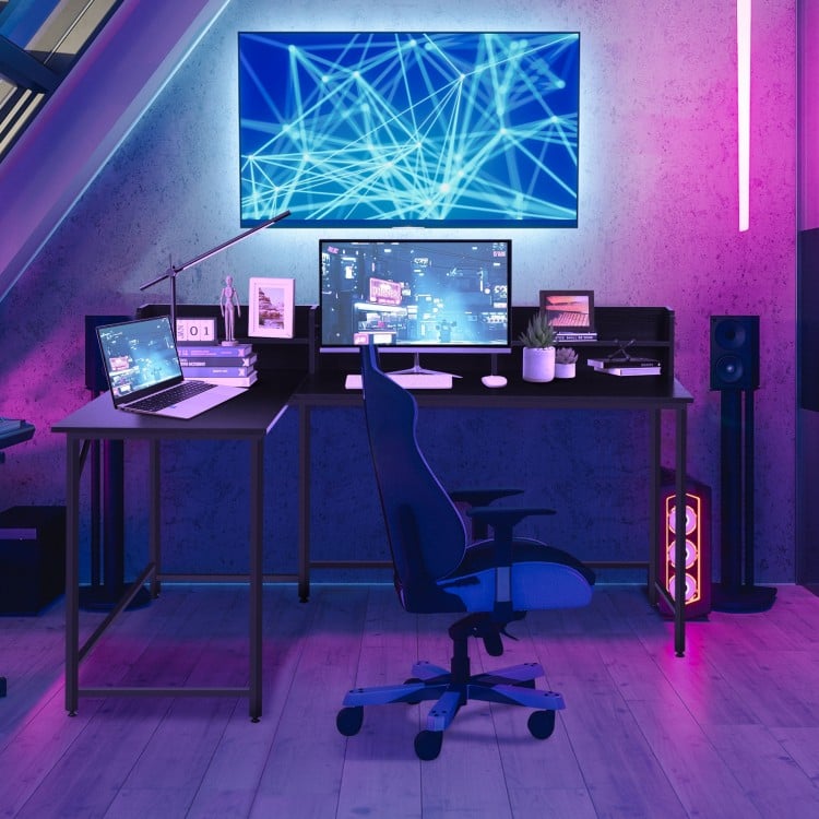 L-Shaped Computer Desk with File Rack and 2 Shelves