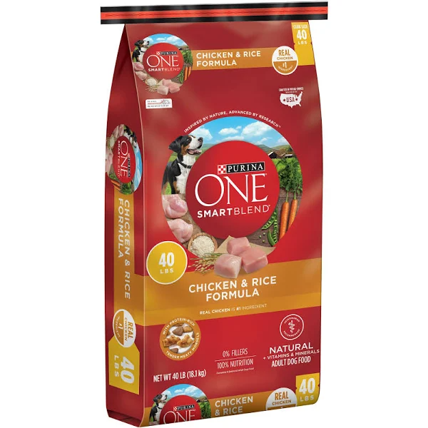 Purina ONE SmartBlend Adult Dog Food, Chicken & Rice, 40 lb, Omega-6 for Skin & Coat, Antioxidant-Rich