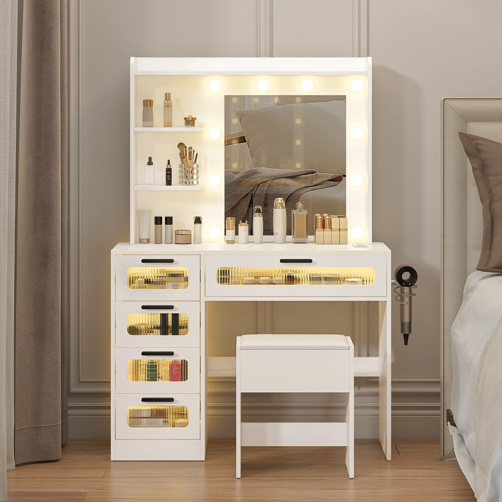 Dressing Table Stool Set with Glass Drawer