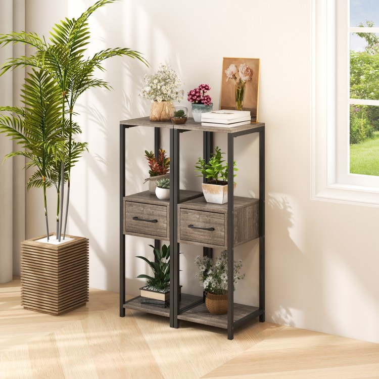 2 Pack 3 Tier Tall Metal Plant Stand with Drawer and Display Shelf