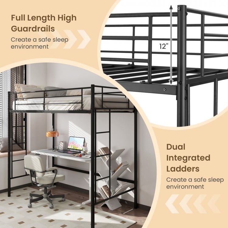 Twin Loft Bed Frame with 2 Ladders Full-length Guardrail