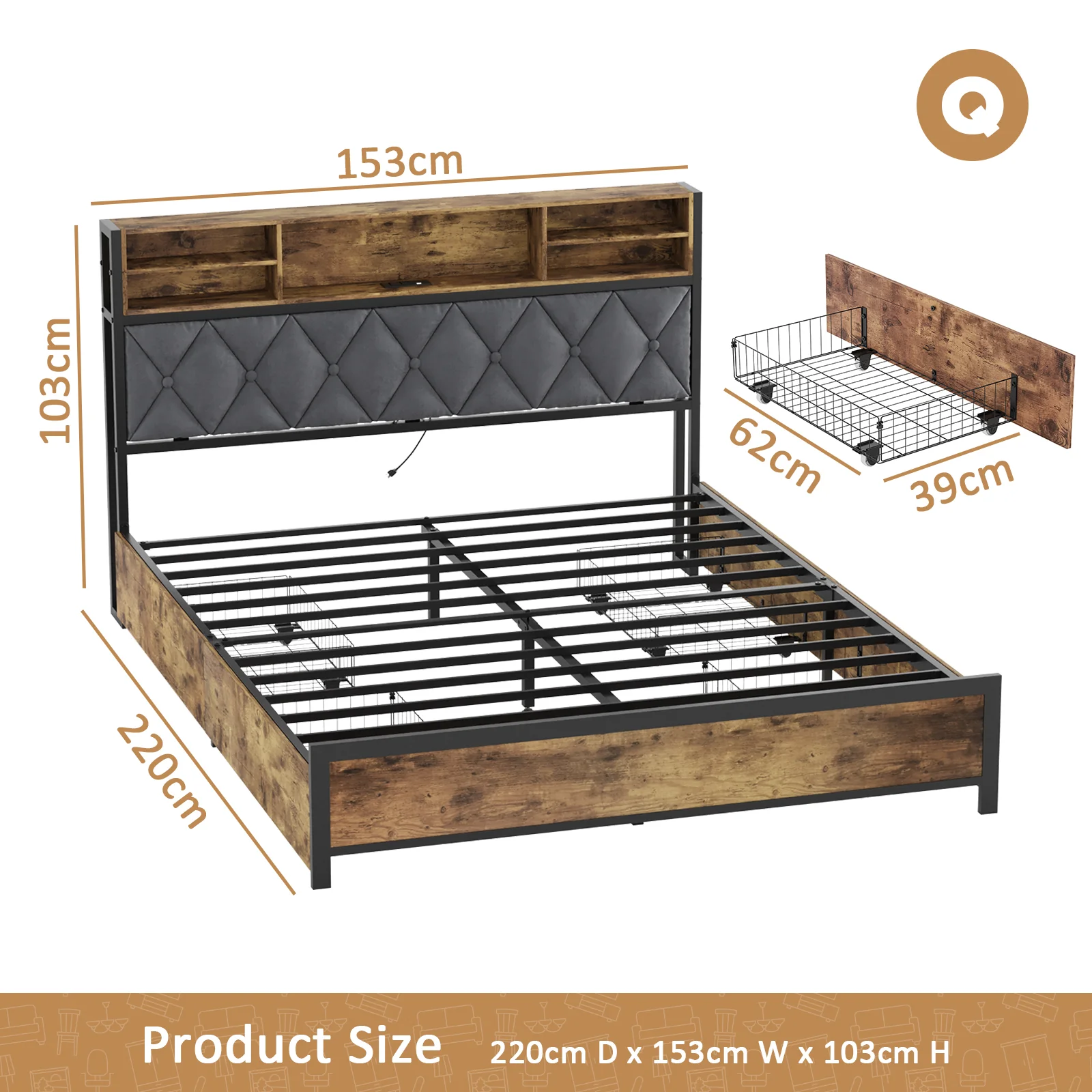 Bed Frame Queen Size with Charging Station