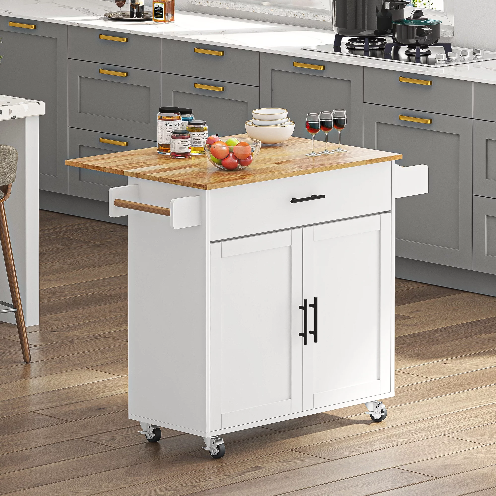 SogesHome Kitchen Island with Hidden Cabinets, Sliding Drawers & Adjustable Shelves, Mobile with Locking Wheels