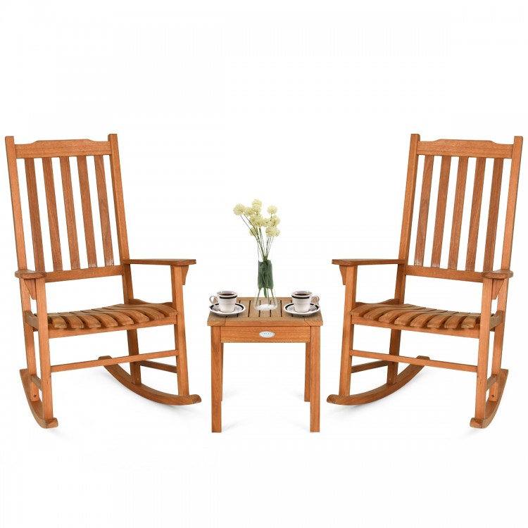3 Pieces Eucalyptus Rocking Chair Set with Coffee Table