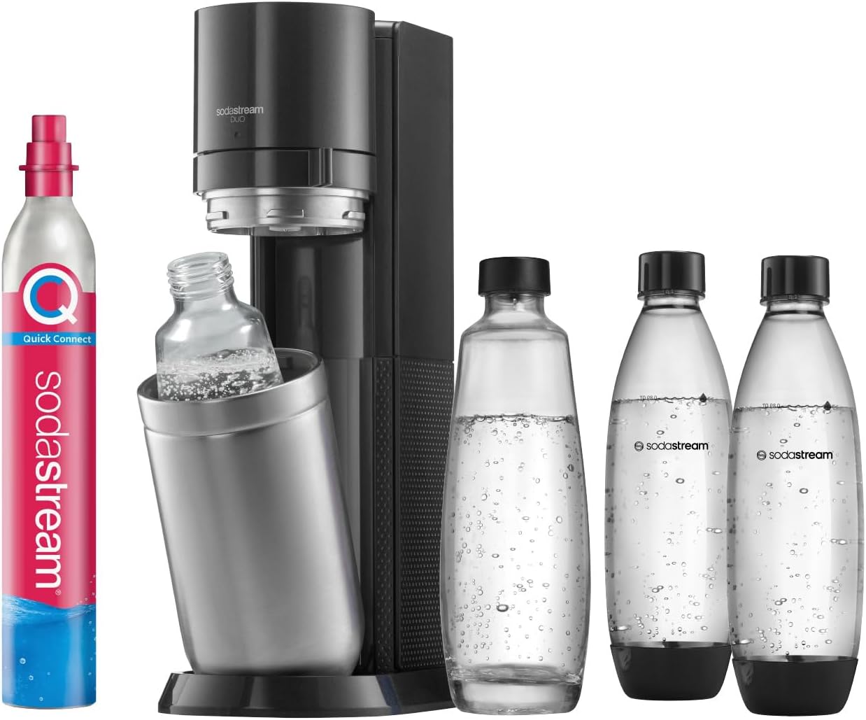 SodaStream Vandbobler DUO med Quick-Connect CO2-cylinder | inkl. 2x 1L glasflaske og 2x 1L FUSE plastflaske (tåler opvaskemaskine) | Farve: titanium
