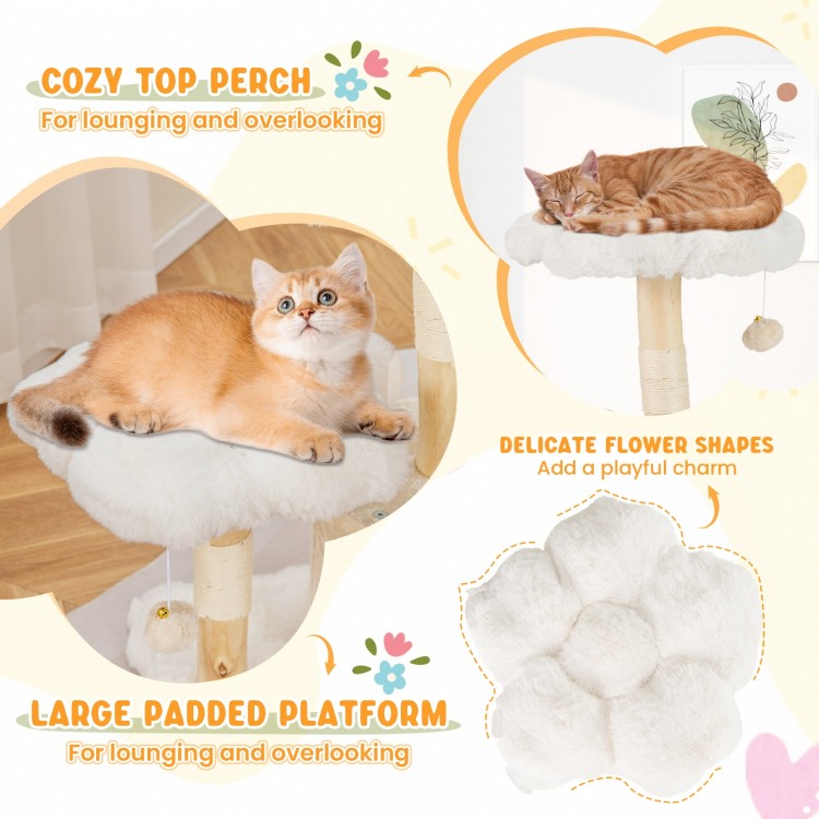 Cute Solid Wood Cat Tree Natural Branch Modern Flower Cat Tower with Sisal Scratching Posts