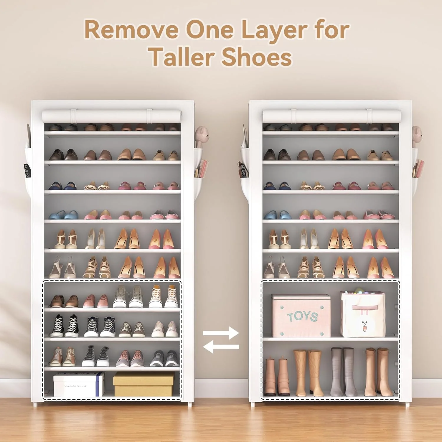 ROJASOP 10 Tier Shoe Rack with Covers,Large Capacity Stackable Tall Shoe Shelf Storage to 50-55 Pairs Shoes and Boots Sturdy Metal Free Standing Shoe Rack Organizer for Closet Entryway Garage