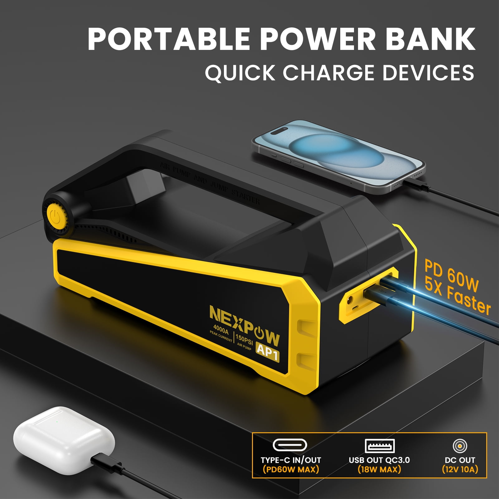 NEXPOW 4000A Jump Starter & Air Compressor, 150 PSI Digital Tire Inflator for All Gas/10L Diesel Vehicles