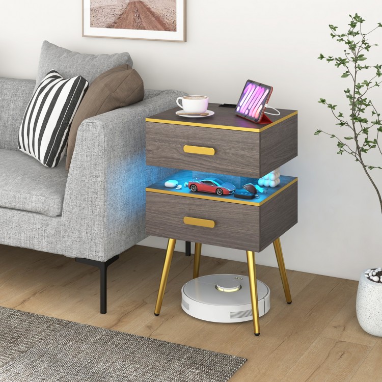 Nightstand Sofa Side Tables with Charging Station and 2 Drawers and LED lights