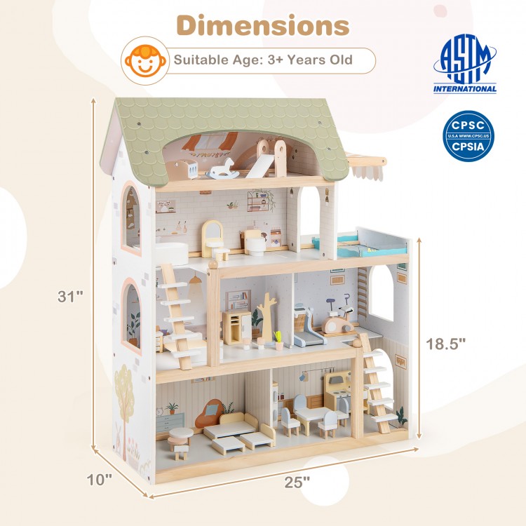 Wooden Dollhouse Kids DIY Pretend Playhouse with 33 PCS Furniture Accessories