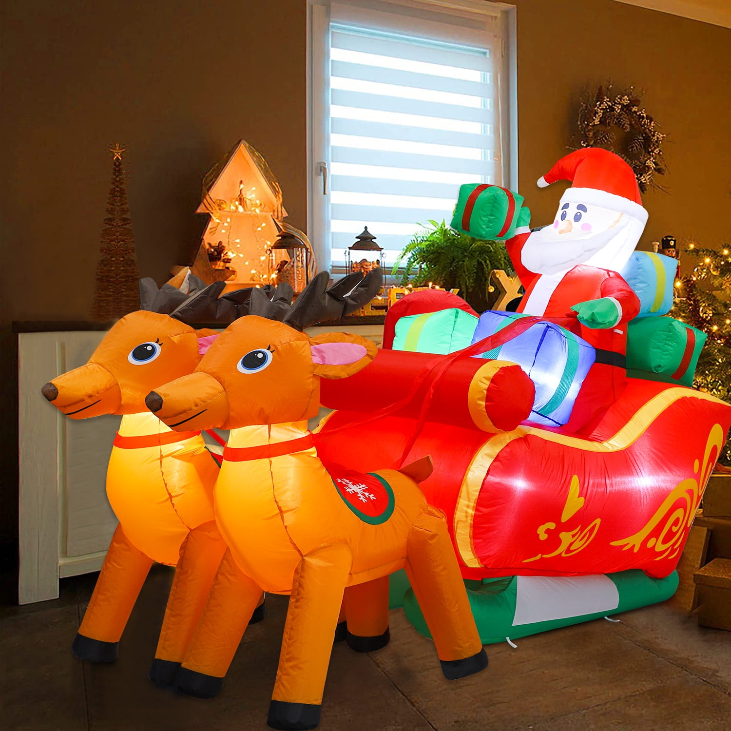 HolidayJoy 7ft Inflatable Santa on Reindeer Sleigh with LED Lights – Outdoor Christmas Decoration