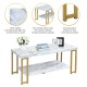 2-Tier Rectangular Modern Coffee Table with Gold Print Metal Frame