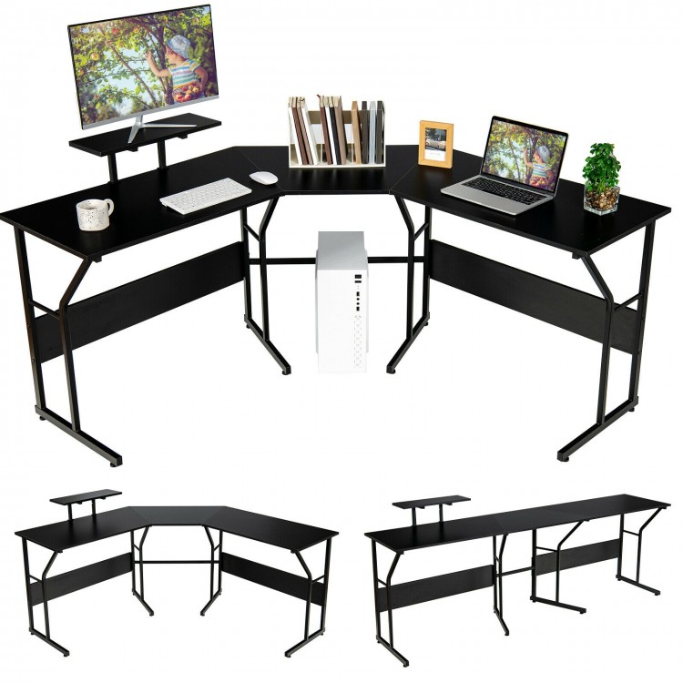 88.5 Inch L Shaped Reversible Computer Desk Table with Monitor Stand