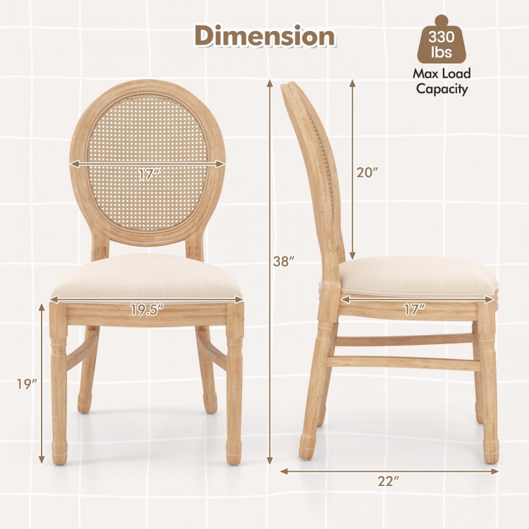 Set of 2 Dining Chairs French Style Kitchen Chair with Hand-Woven Rattan Backrest