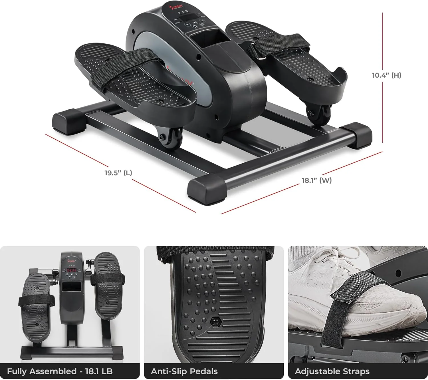 Sunny Health & Fitness Smart Mini Elliptical Trainer, Indoor Under-Desk Pedal Exerciser for Seniors’ Mobility & Cardio Workout, Free SunnyFit App Bluetooth Link, Optional Motorized w/Remote Control