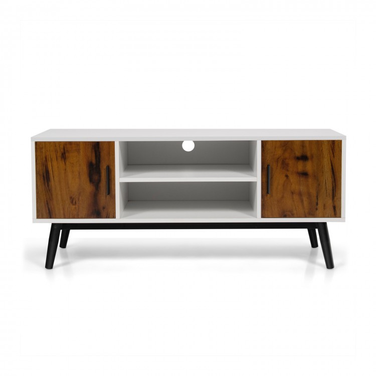 Mid-Century Wood TV Stand for 55 Inch with 2 Cabinets and Open Shelves