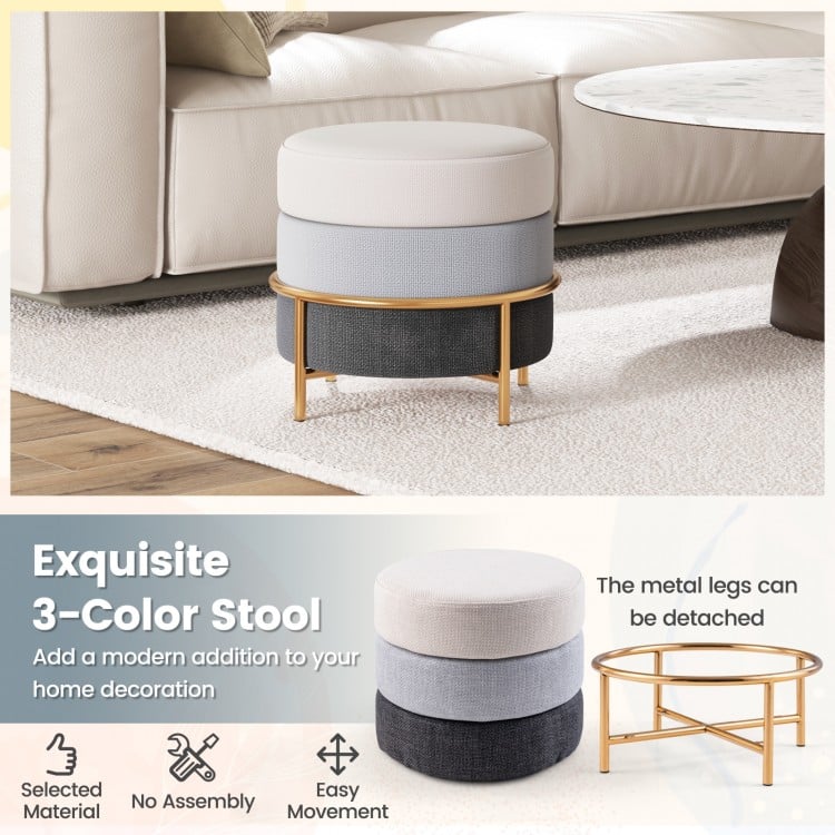 Upholstered Linen Fabric Ottoman with Gold Metal Legs and Anti-slip Foot Pads