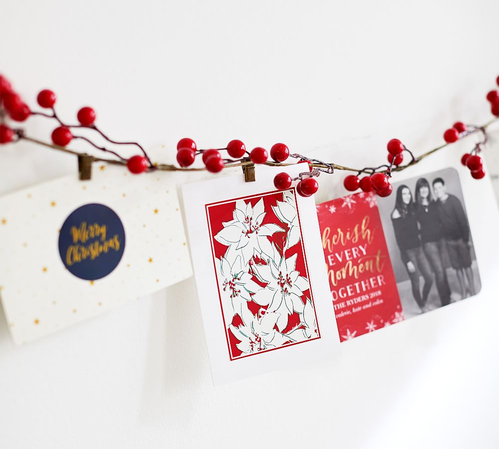 Berry Garland Christmas Card Holder – Hand-Assembled with Clips, 72′′ Long, Festive Decor