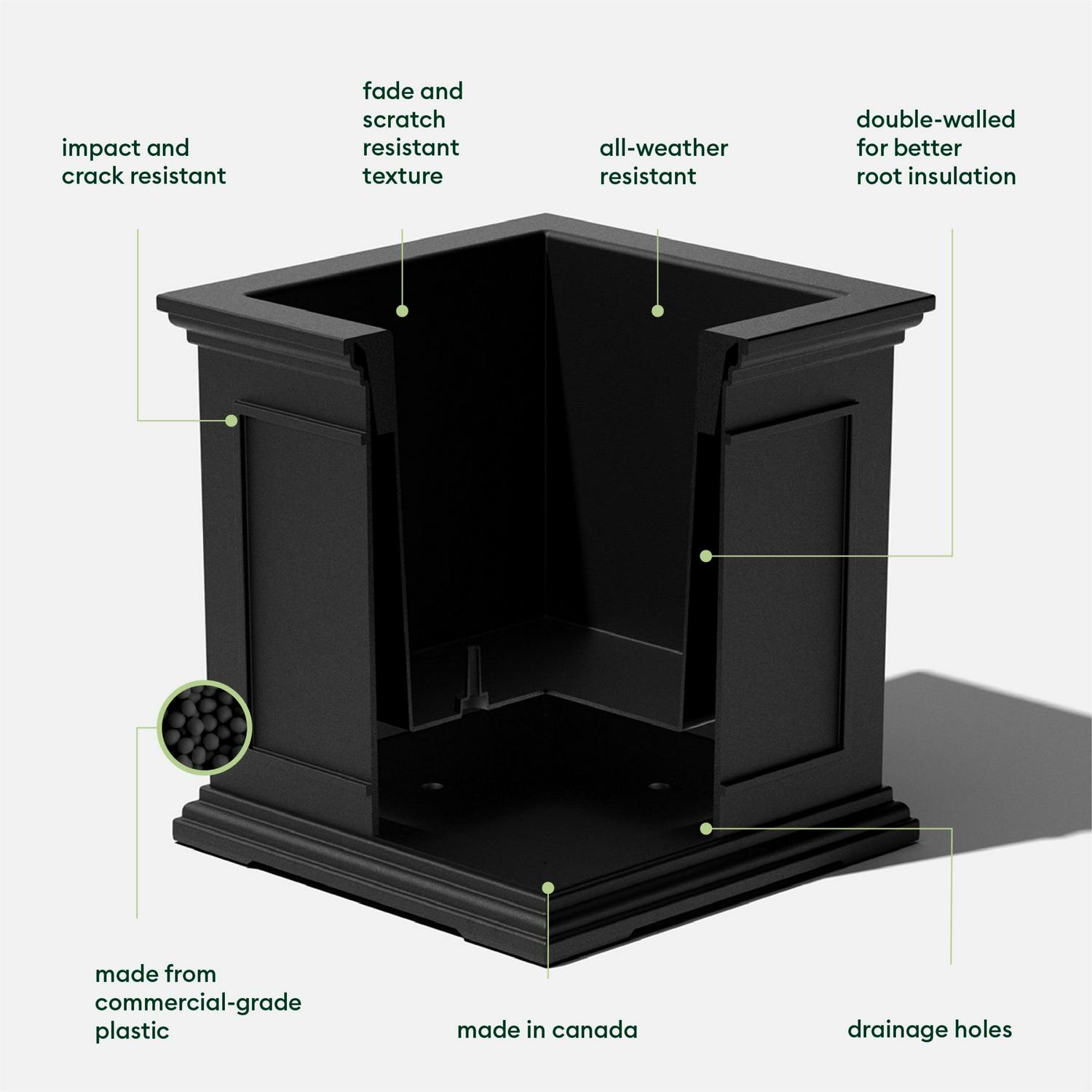 Veradek Brixton Cube 20′′ Black Plastic Planter, Durable & Impact-Resistant Square Pot with Drainage