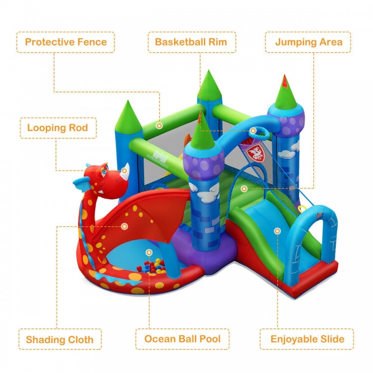 Kids Inflatable Bounce House Dragon Jumping Slide Bouncer Castle with 740W Blower