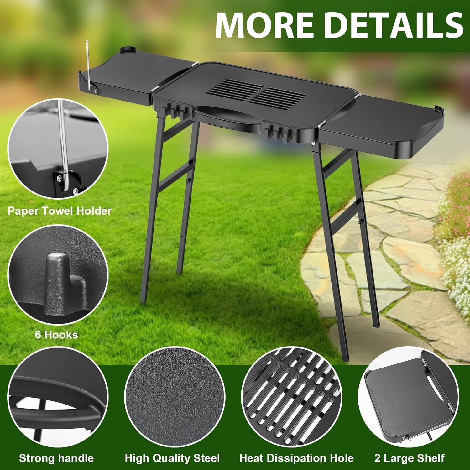 BBQMall Outdoor Grill/Griddle Cart – Portable Folding Stand with Adjustable Legs, 2-Wheel Design, High-Quality Steel Frame, Black