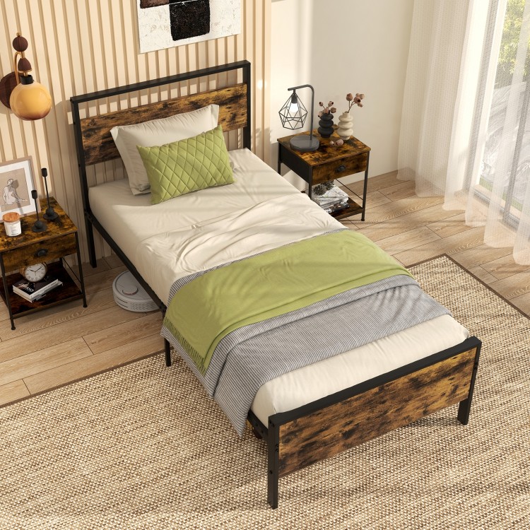 Twin/Full/Queen/King Metal Bed Frame Industrial Platform Bed with Wooden Headboard