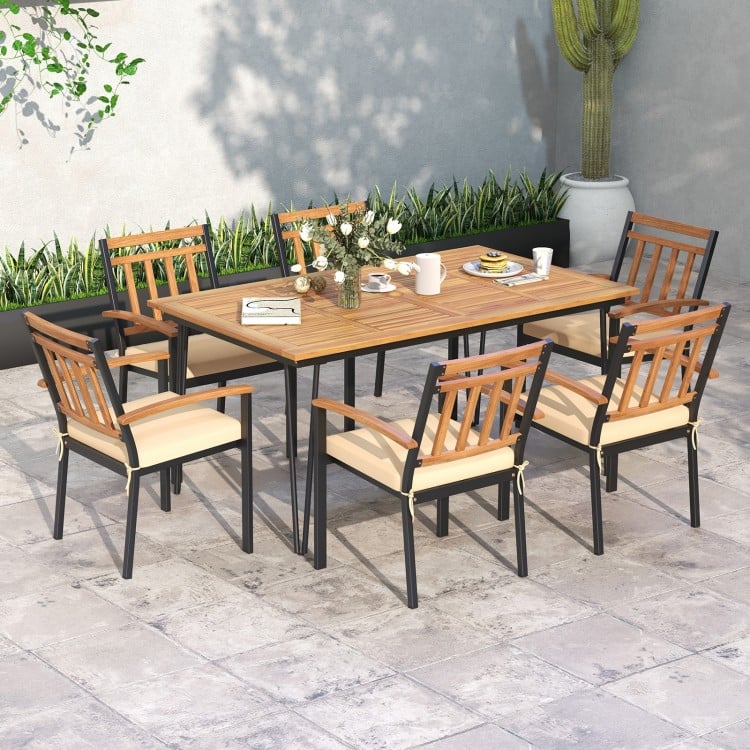 63/86.5 Inch Rectangular Outdoor Dining Table with Acacia Wood Tabletop and Umbrella Hole