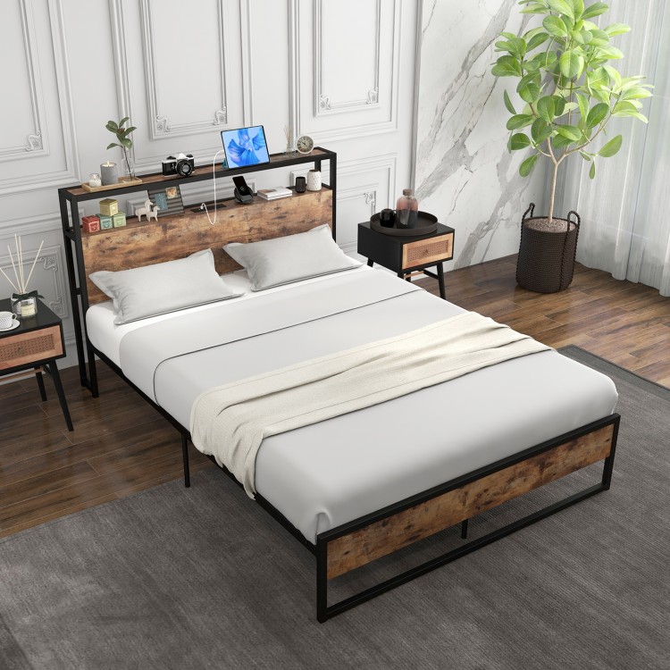 Full/Queen Bed Frame with 2-Tier Storage Headboard and Charging Station