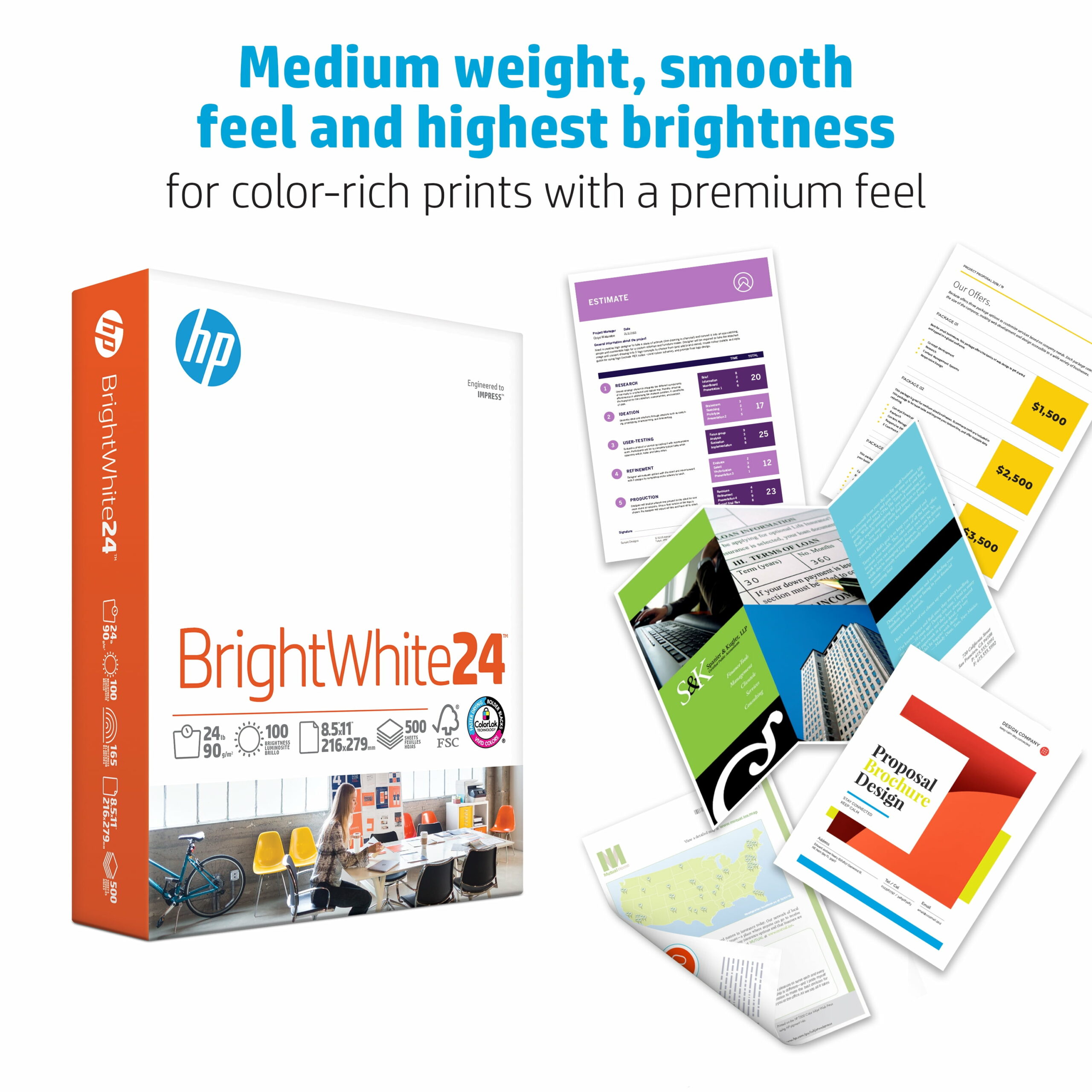HP Bright White 24lb Printer Paper, 8.5×11, 5 Ream, 2,500 Sheets, FSC Certified