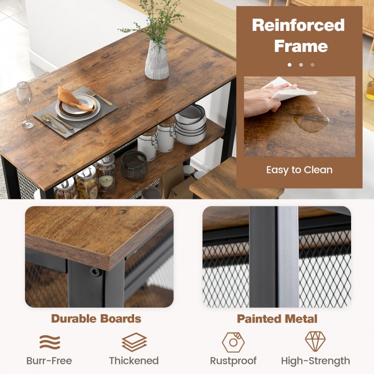 36 Inch 3-Tier Bar Table with Storage Metal Frame Adjustable Foot Pads for Dining Room