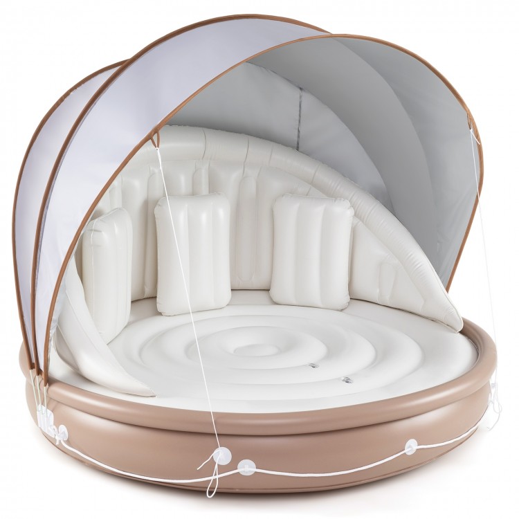 Inflatable Canopy Island Tanning Pool Lounger Float with Retractable Canopy