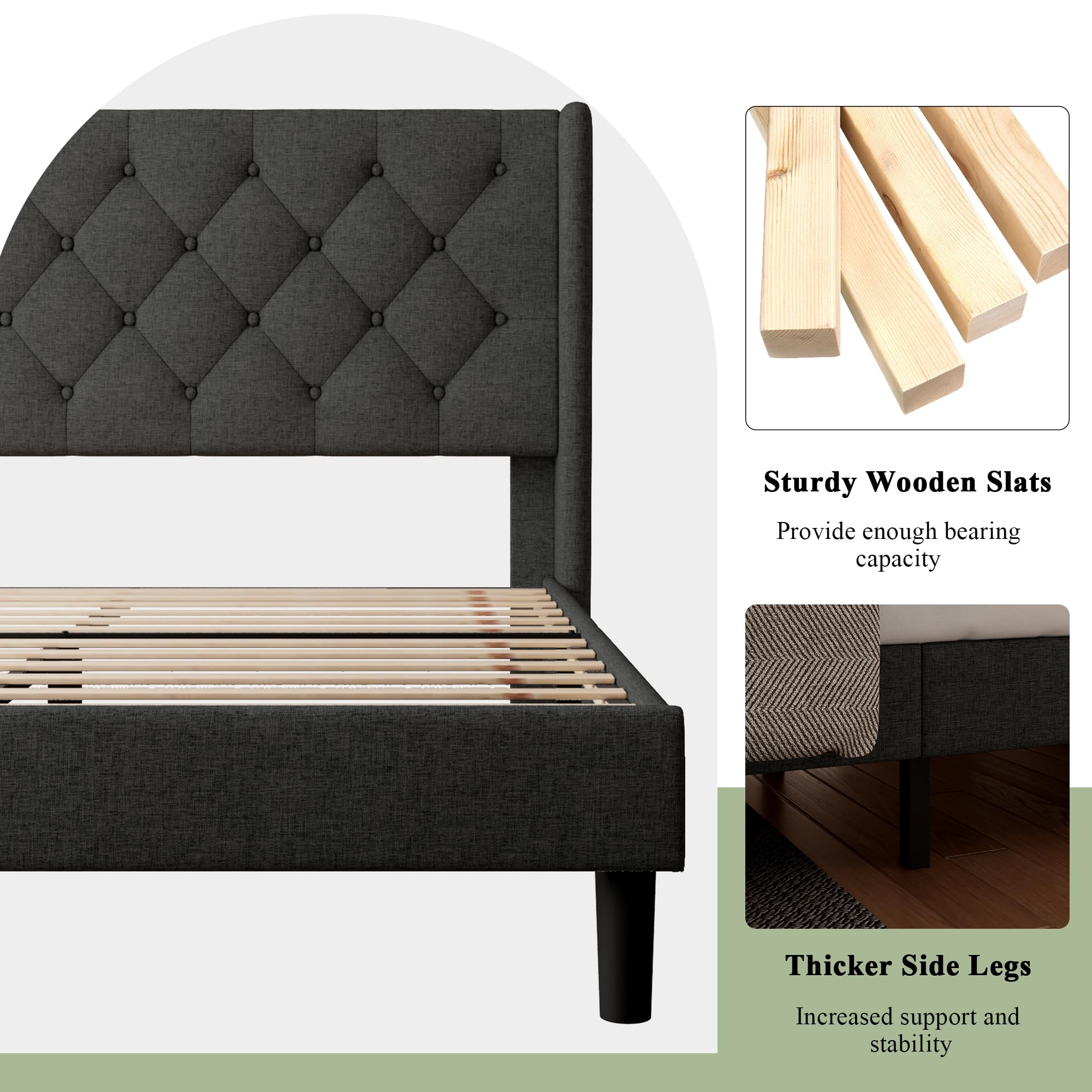 Feonase Full Size Bed Frame with Upholstered Wingback Headboard, Platform Bed and Heavy Duty Wooden Slats Support, Easy Assembly, Noise-Free, No Box Spring Needed, Dark Gray