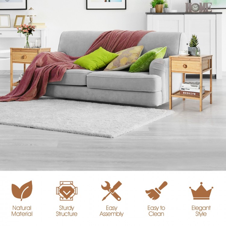 Set of 2 Bamboo End Tables with Drawer and Open Shelf