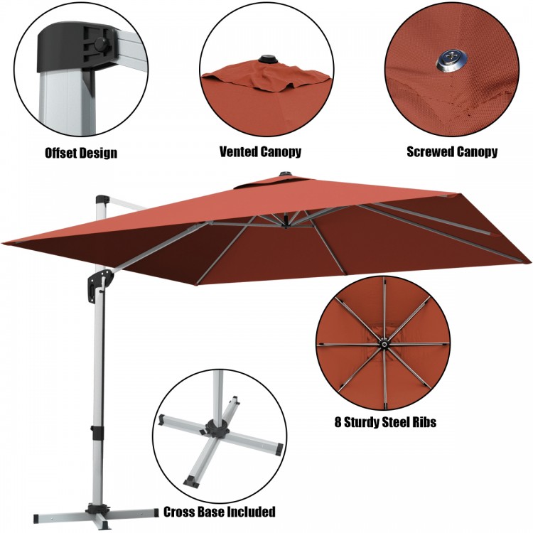 10 Feet 360° Tilt Aluminum Square Patio Umbrella without Weight Base