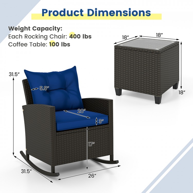 3-Piece Patio Rattan Roker Chairs with Tempered Glass Table and Soft Cushions