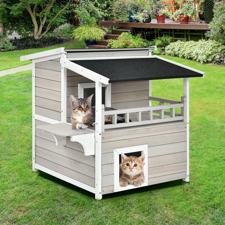 2-Story Wooden Patio Luxurious Cat Shelter House Condo with Large Balcony
