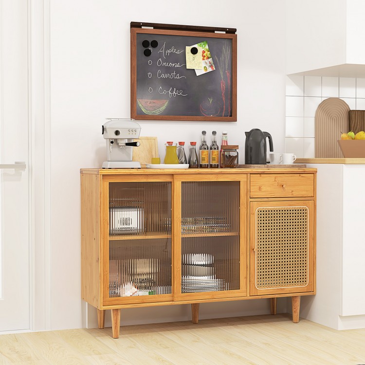 Modern Bamboo Buffet Sideboard Cabinet with Tempered Glass Sliding Doors