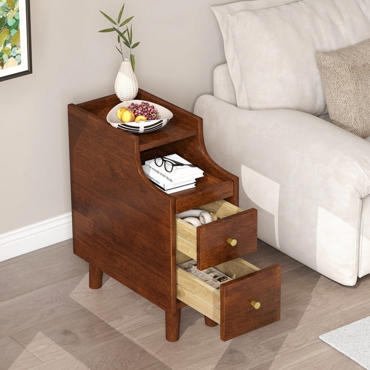 Solid Wood End Table Narrow Bedside Table with Pull-out Tray and 2 Storage Drawers