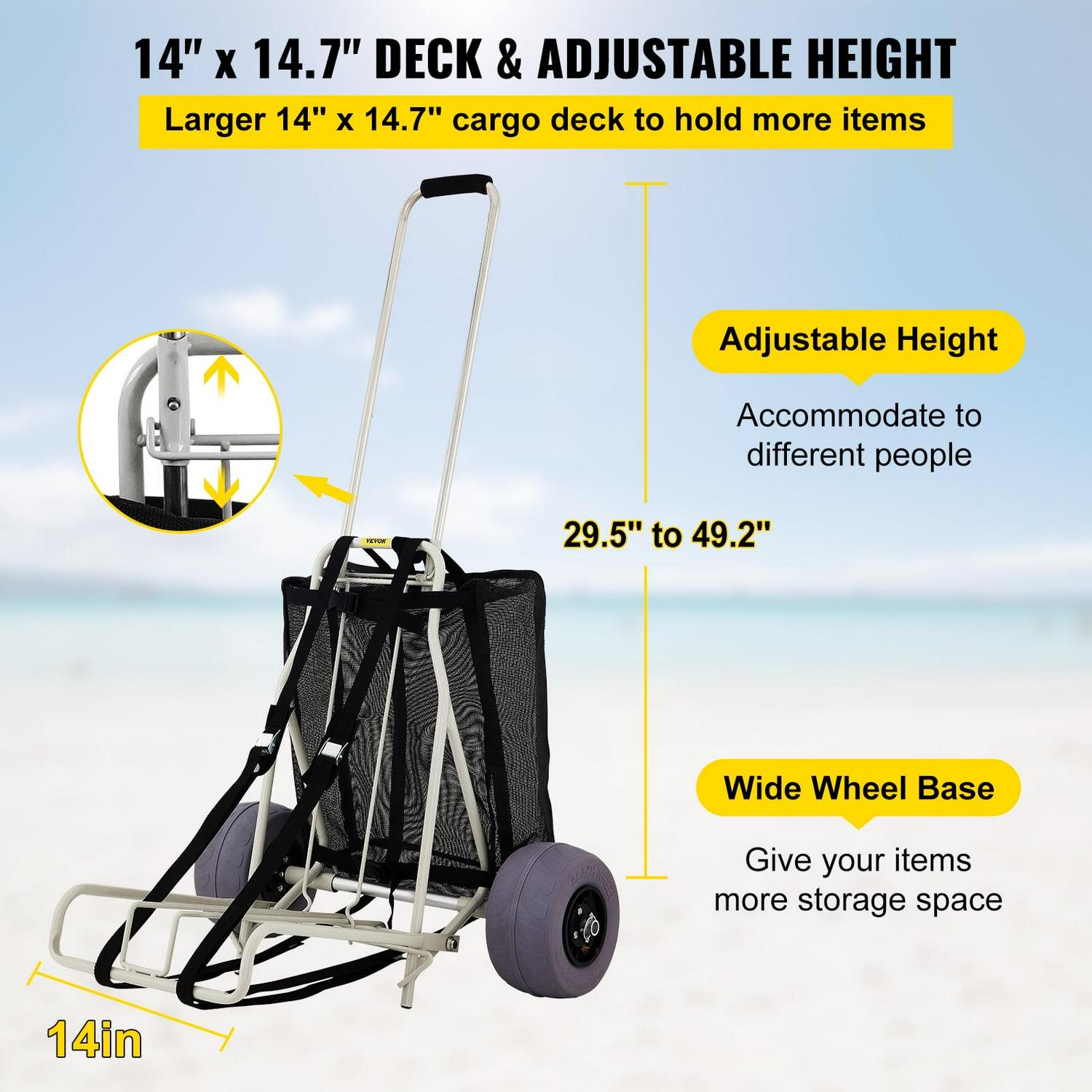 VEVOR Beach Cart for Sand, 165 lbs Capacity, 10′′ PVC Wheels, Adjustable Height, Heavy Duty Folding Cart