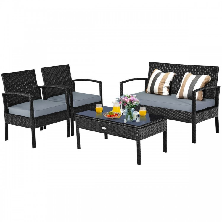 4 Pieces Patio Rattan Cushioned Furniture Set with Lounger and Table