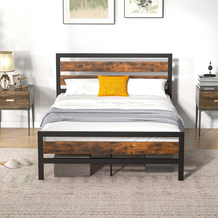 Full/Queen Industrial Bed Frame with Rustic Headboard and Footboard