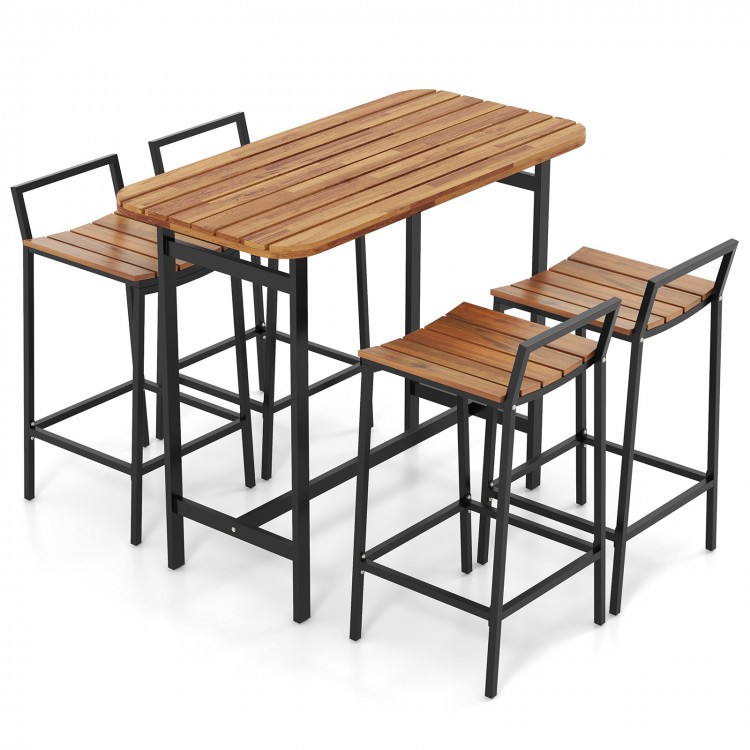5 Piece Acacia Wood Bar Table Set Bar Height Table and Chairs with Metal Frame and Footrest