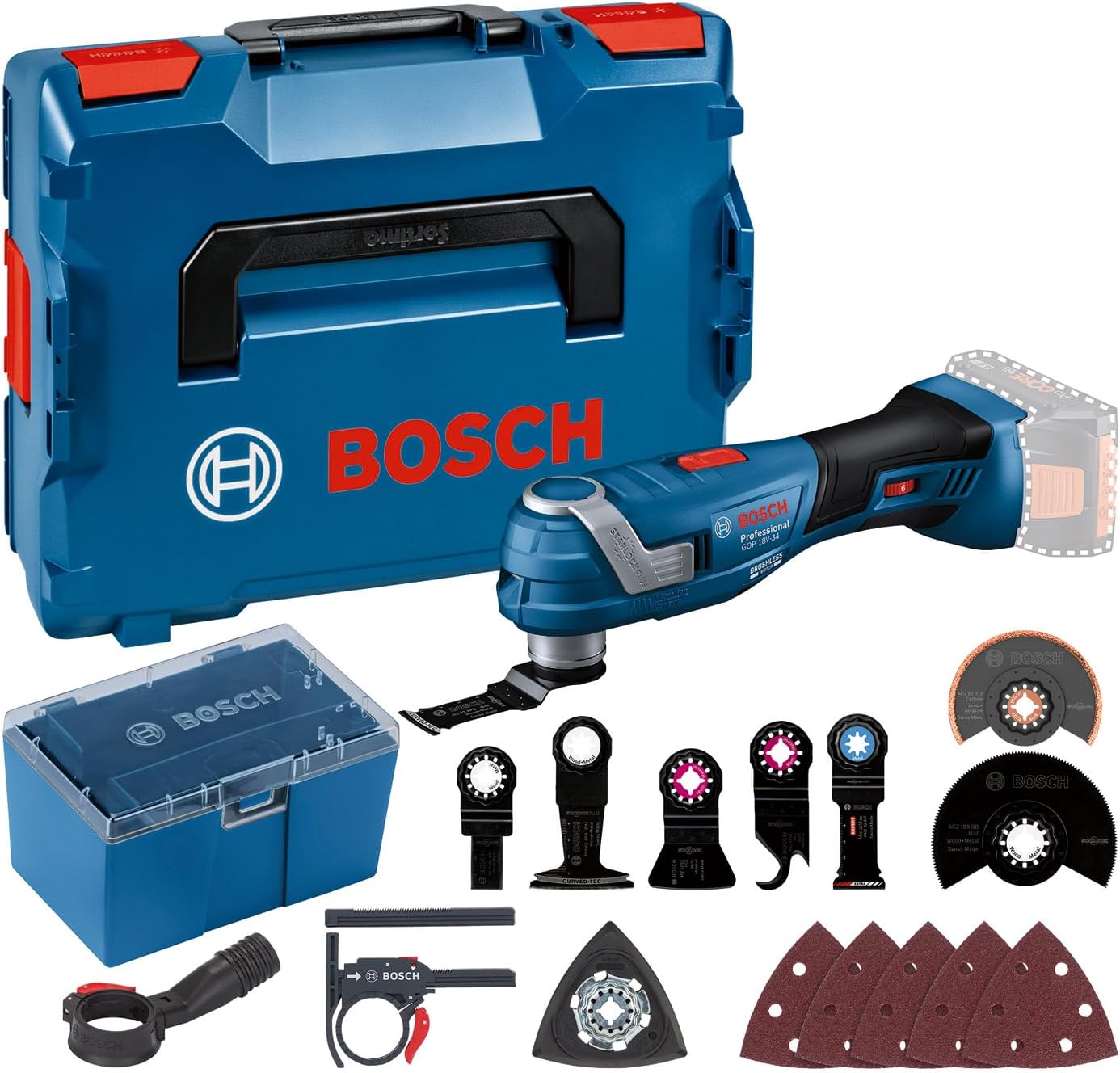 Bosch Professional 18V system batteri multi-Cutter GOP 18V-34 (vibrationskontrol, inkl. flere savklinger, 1x slibeplade, 5x slibemiddel, 5x tilbehør, L-BOXX, uden batteri/oplader)