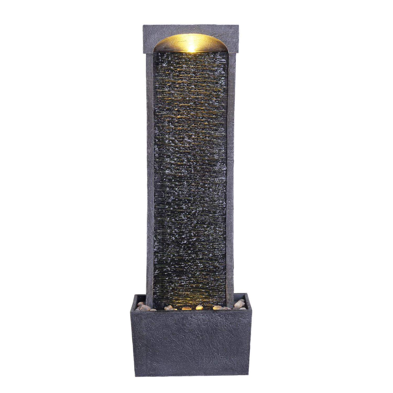 Teamson Home Modern Curved Slate Waterfall Fountain with LED Lights, Indoor/Outdoor, Black/Stone Grey